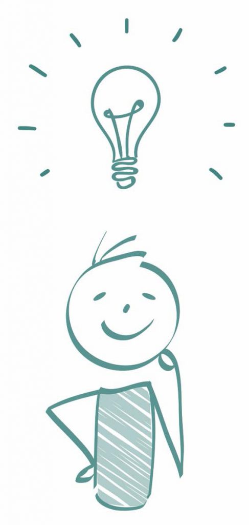 Drawing of a person smiling with a lightbulb over their head.