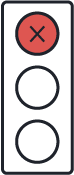 Traffic light icon with the top circle in read and an X indicating stop. 