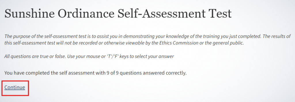 Screenshot of continue slide with button after completing self-assessment test
