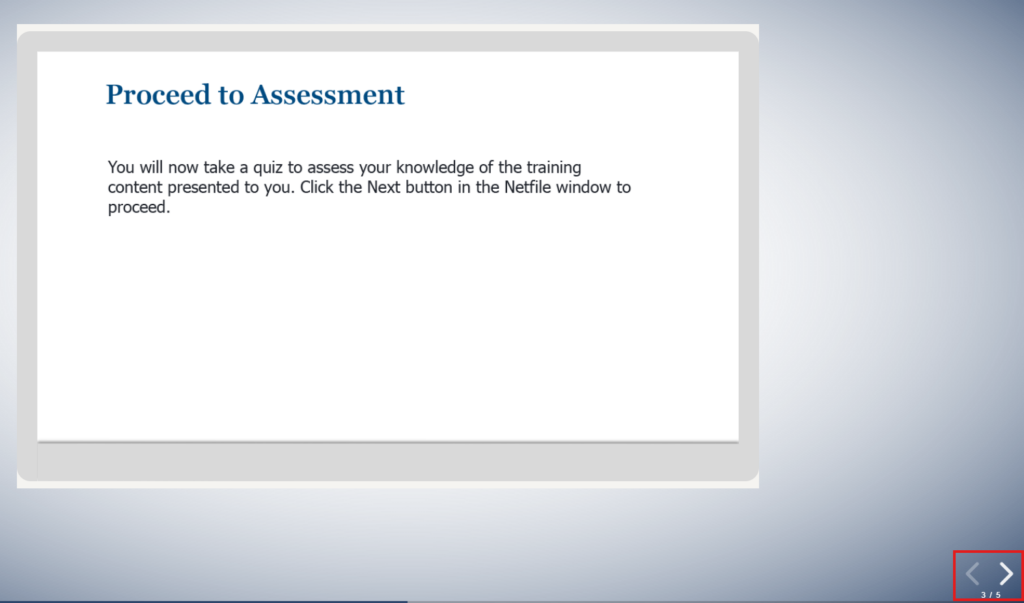Screenshot of proceed to assessment slide in training
