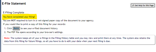 Screenshot of final completion of filing message

