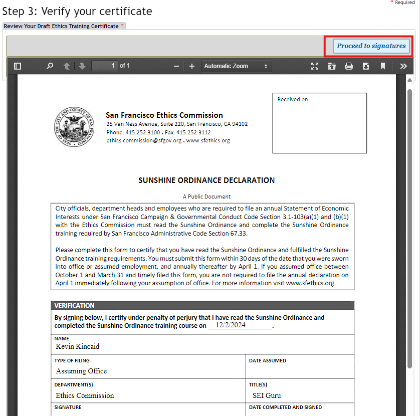 Verify digital certificate of completion, screen screenshot
