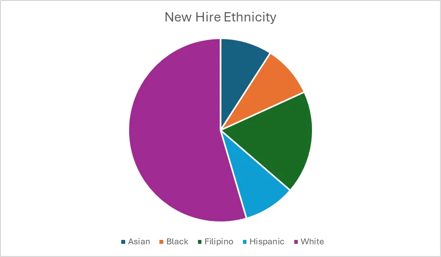 Pie chart showing ethnic composition of new hires: largest group is White, followed by Filipino, Hispanic, Asian, and Black.
